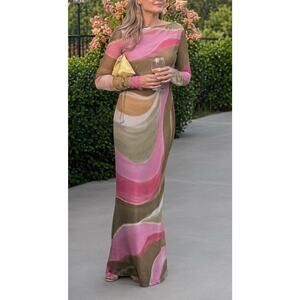 Vero Moda Painted Print Mesh Maxi Dress M Wedding Guest Pink Green ASOS Lined